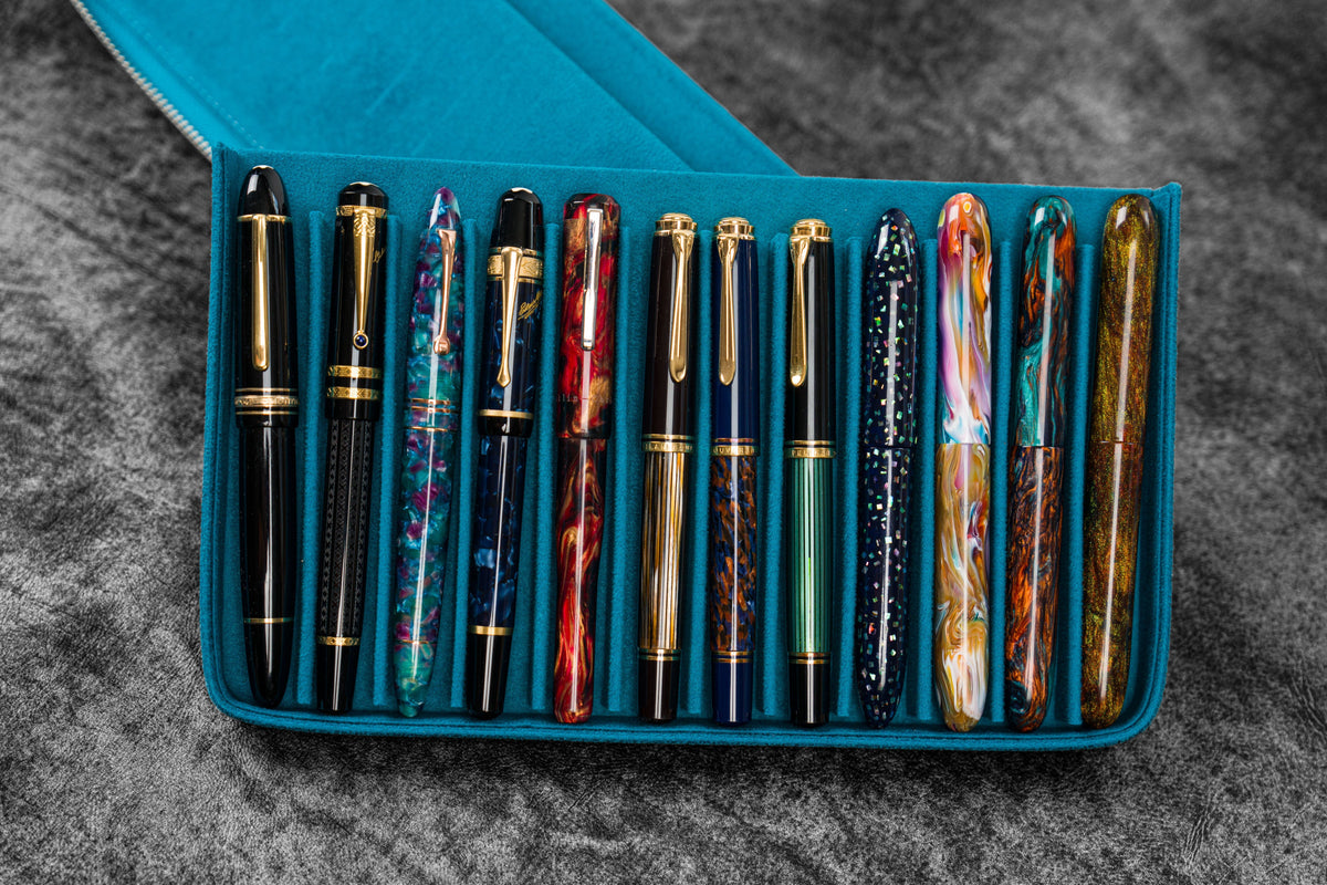Galen Leather 12 Slot Zippered Magnum Opus Pen Case - Crazy Ocean Blue (with Removable Pen Tray)