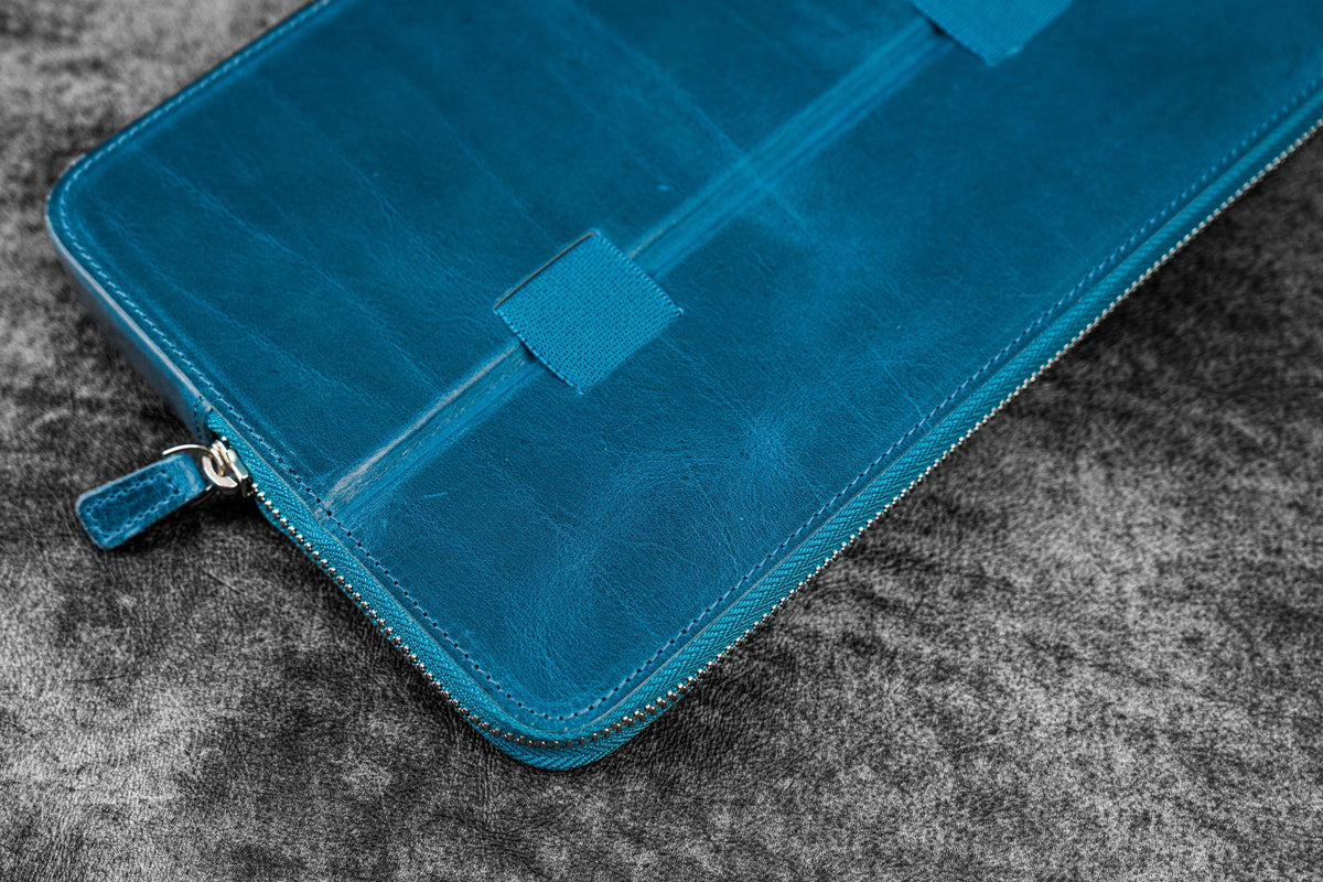 Galen Leather 12 Slot Zippered Magnum Opus Pen Case - Crazy Ocean Blue (with Removable Pen Tray)
