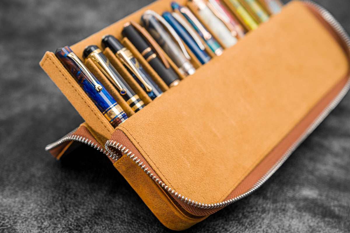 Galen Leather 12 Slot Zippered Magnum Opus Pen Case - Crazy Horse Brown (with Removable Pen Tray)