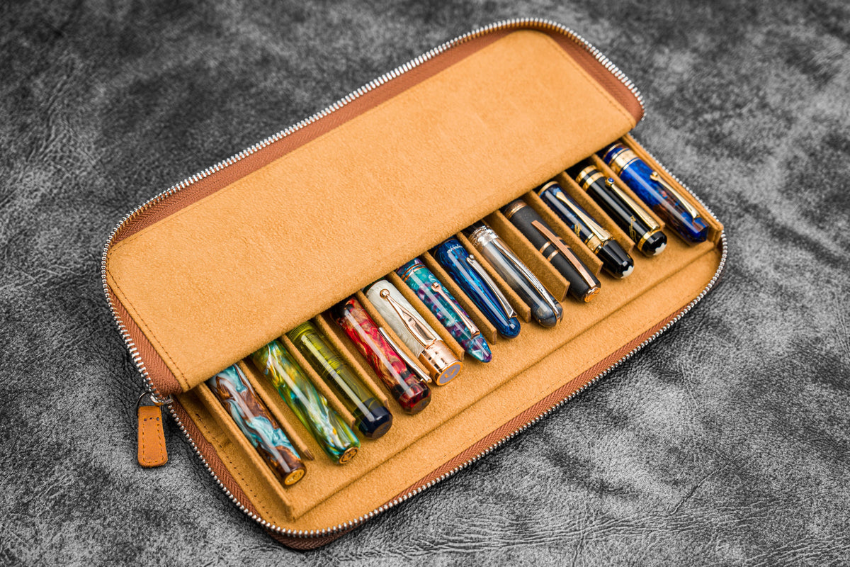 Galen Leather 12 Slot Zippered Magnum Opus Pen Case - Crazy Horse Brown (with Removable Pen Tray)