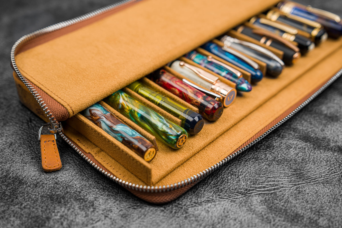 Galen Leather 12 Slot Zippered Magnum Opus Pen Case - Crazy Horse Brown (with Removable Pen Tray)