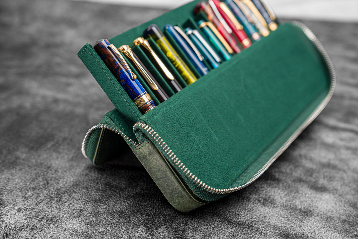Galen Leather 12 Slot Zippered Magnum Opus Pen Case - Crazy Forest Green (with Removable Pen Tray)