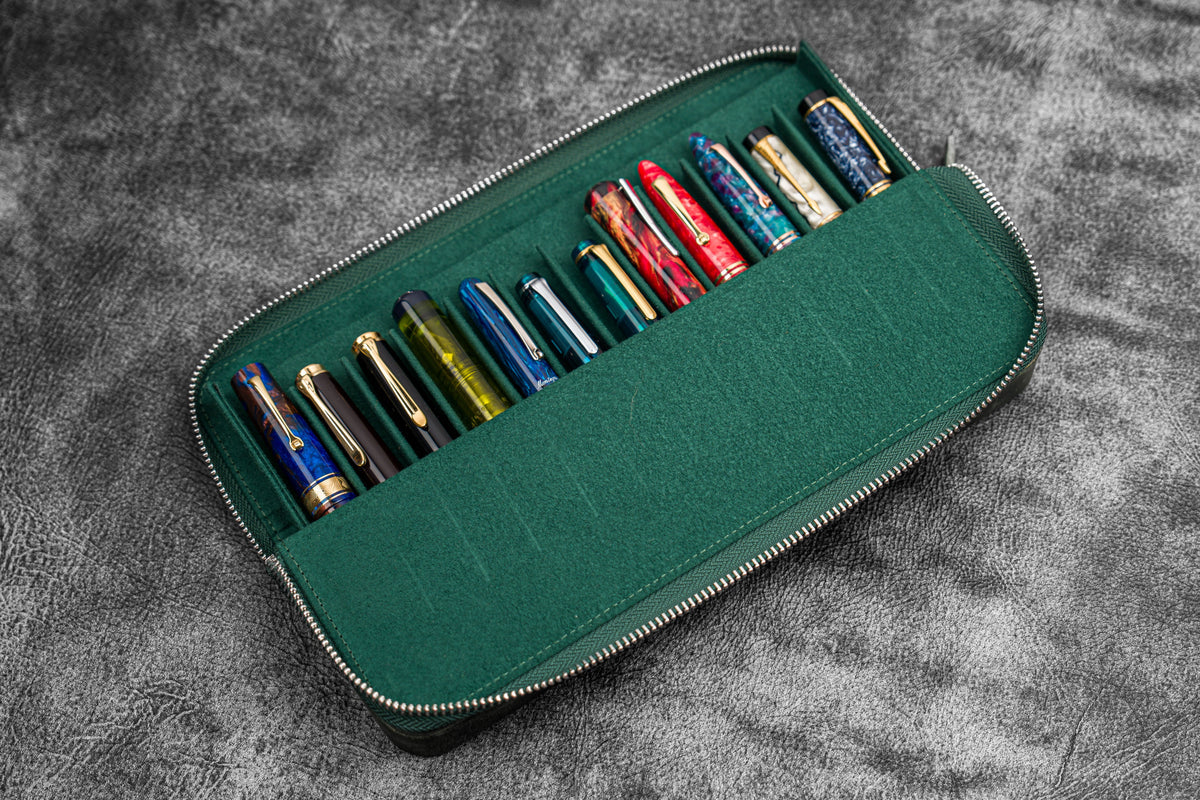 Galen Leather 12 Slot Zippered Magnum Opus Pen Case - Crazy Forest Green (with Removable Pen Tray)