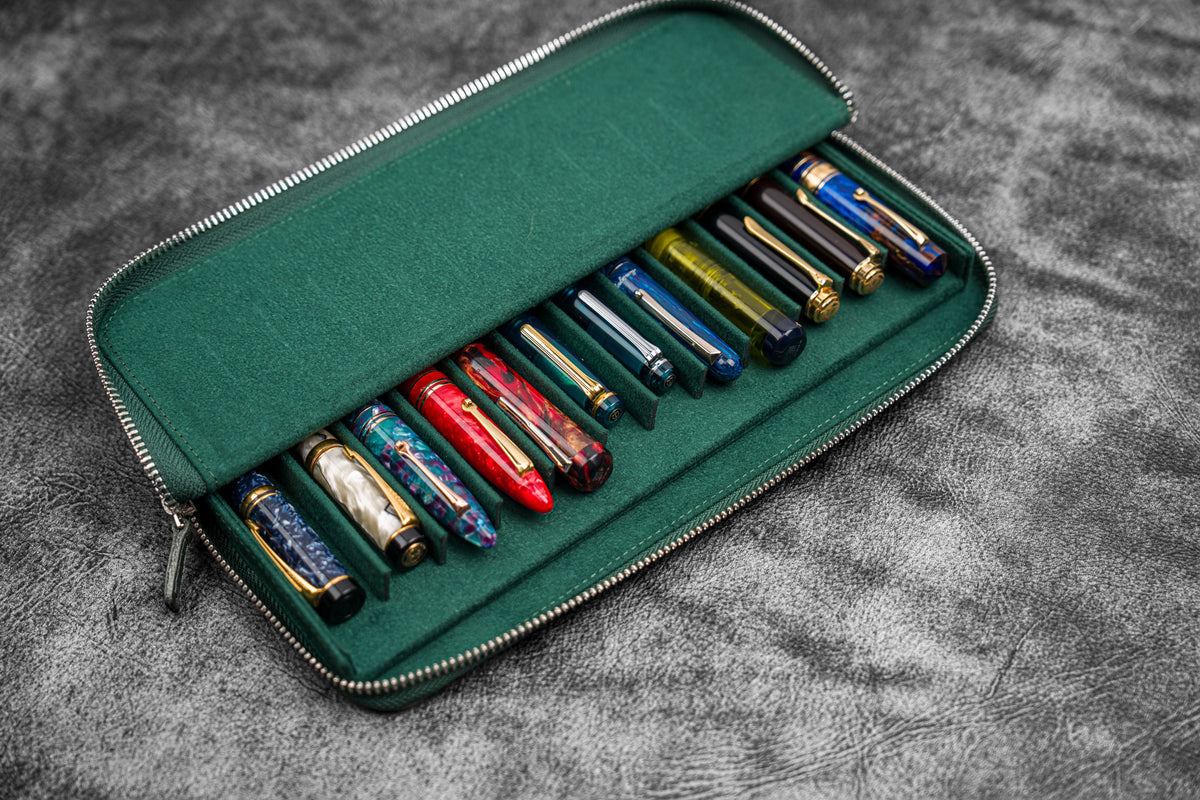Galen Leather 12 Slot Zippered Magnum Opus Pen Case - Crazy Forest Green (with Removable Pen Tray)