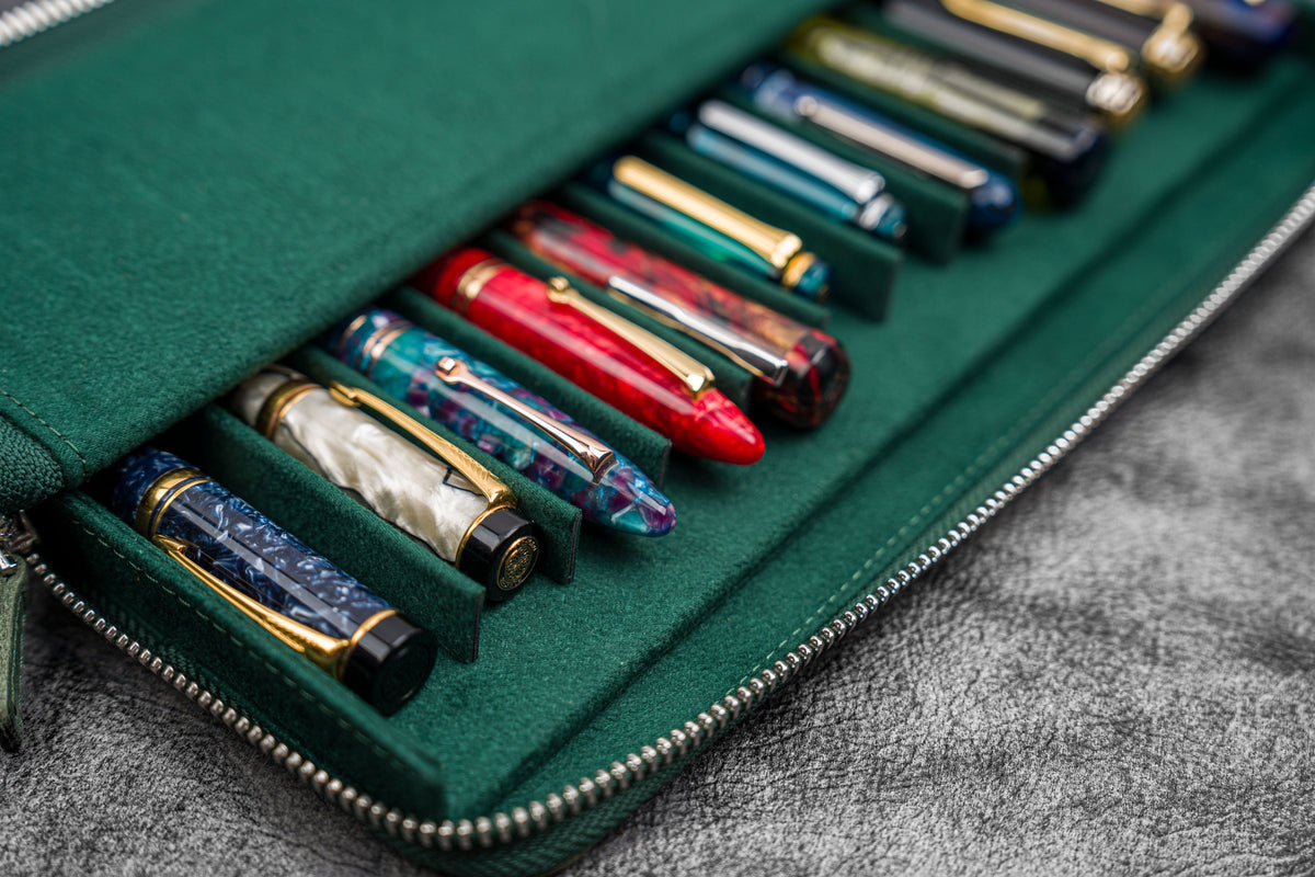 Galen Leather 12 Slot Zippered Magnum Opus Pen Case - Crazy Forest Green (with Removable Pen Tray)