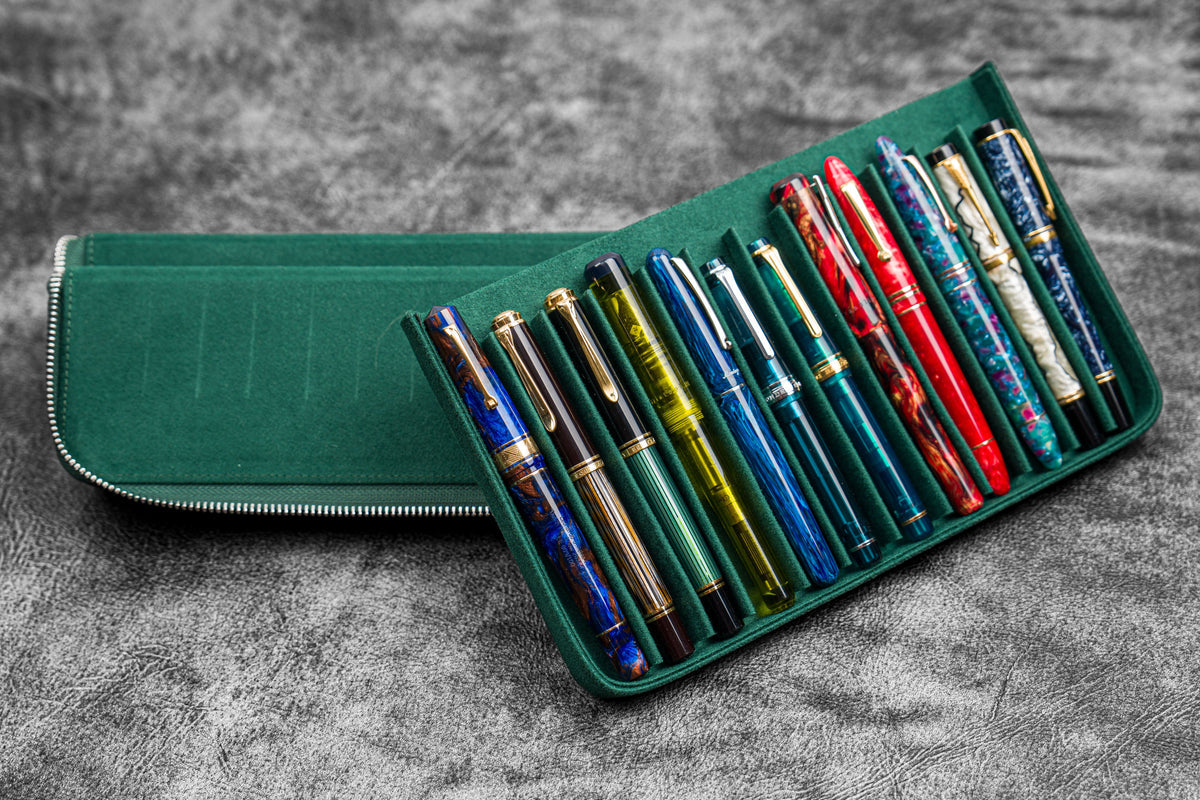 Galen Leather 12 Slot Zippered Magnum Opus Pen Case - Crazy Forest Green (with Removable Pen Tray)