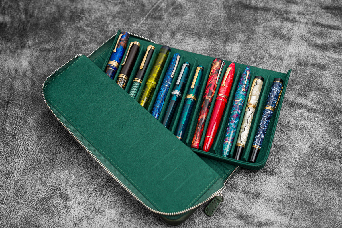 Galen Leather 12 Slot Zippered Magnum Opus Pen Case - Crazy Forest Green (with Removable Pen Tray)