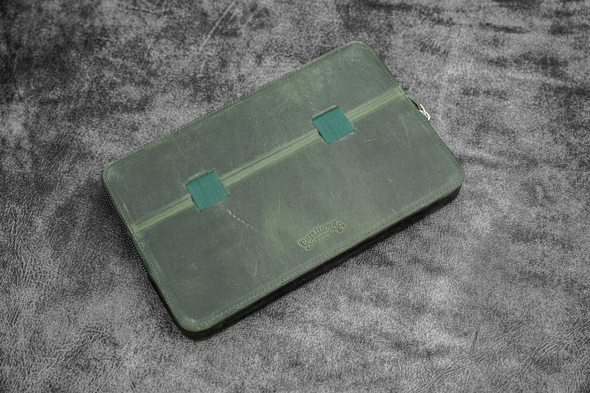 Galen Leather 12 Slot Zippered Magnum Opus Pen Case - Crazy Forest Green (with Removable Pen Tray)