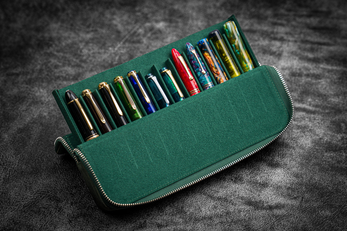 Galen Leather 12 Slot Zippered Magnum Opus Pen Case - Crazy Forest Green (with Removable Pen Tray)