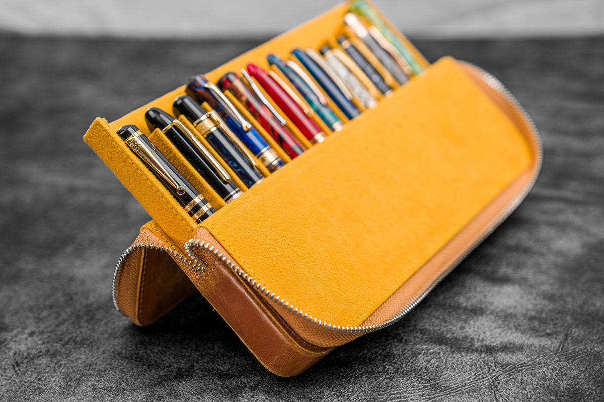 Galen Leather 12 Slot Zippered Magnum Opus Pen Case - Crazy Honey Ochre (with Removable Pen Tray)