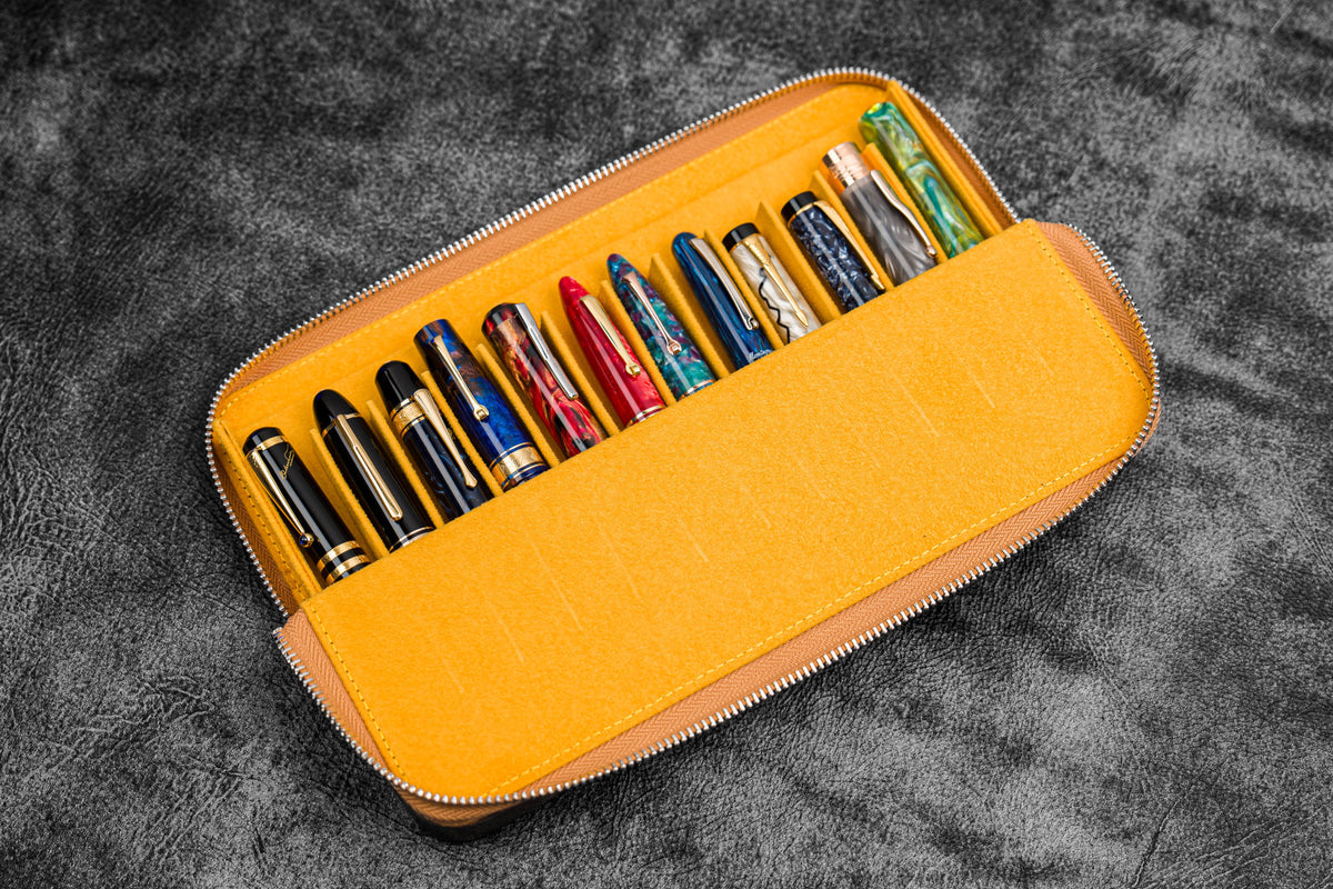 Galen Leather 12 Slot Zippered Magnum Opus Pen Case - Crazy Honey Ochre (with Removable Pen Tray)