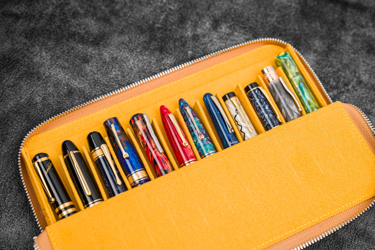Galen Leather 12 Slot Zippered Magnum Opus Pen Case - Crazy Honey Ochre (with Removable Pen Tray)