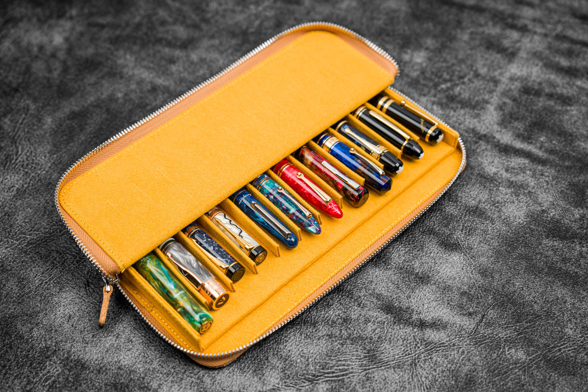 Galen Leather 12 Slot Zippered Magnum Opus Pen Case - Crazy Honey Ochre (with Removable Pen Tray)