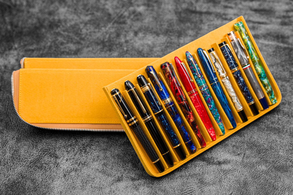 Galen Leather 12 Slot Zippered Magnum Opus Pen Case - Crazy Honey Ochre (with Removable Pen Tray)
