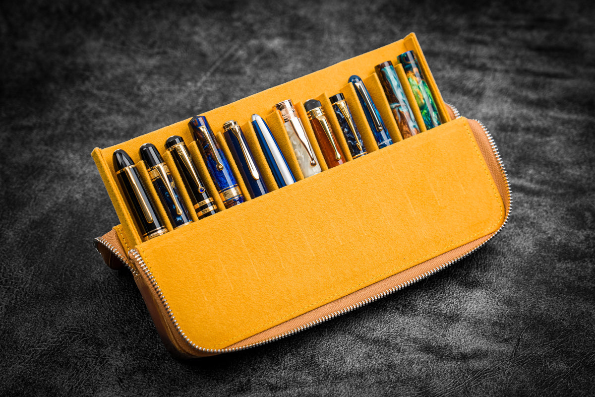 Galen Leather 12 Slot Zippered Magnum Opus Pen Case - Crazy Honey Ochre (with Removable Pen Tray)