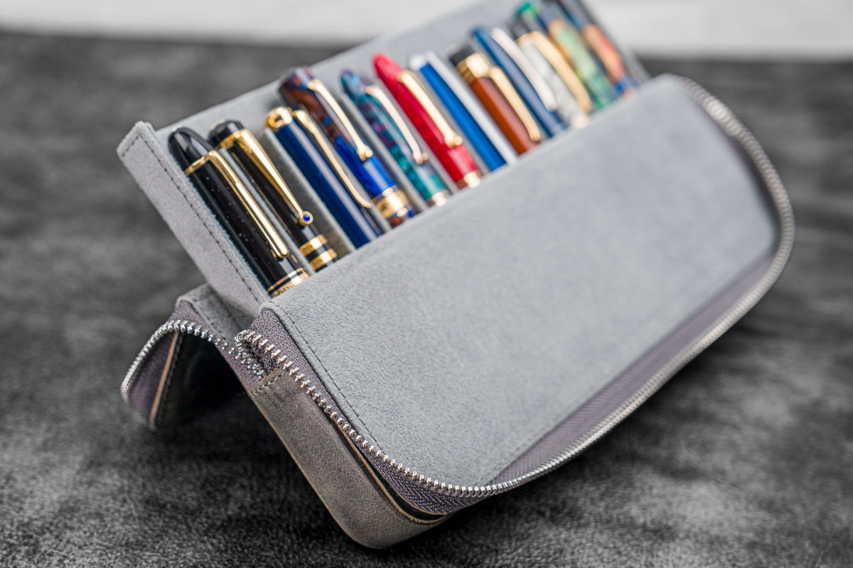 Galen Leather 12 Slot Zippered Magnum Opus Pen Case - Crazy Smoky (with Removable Pen Tray)