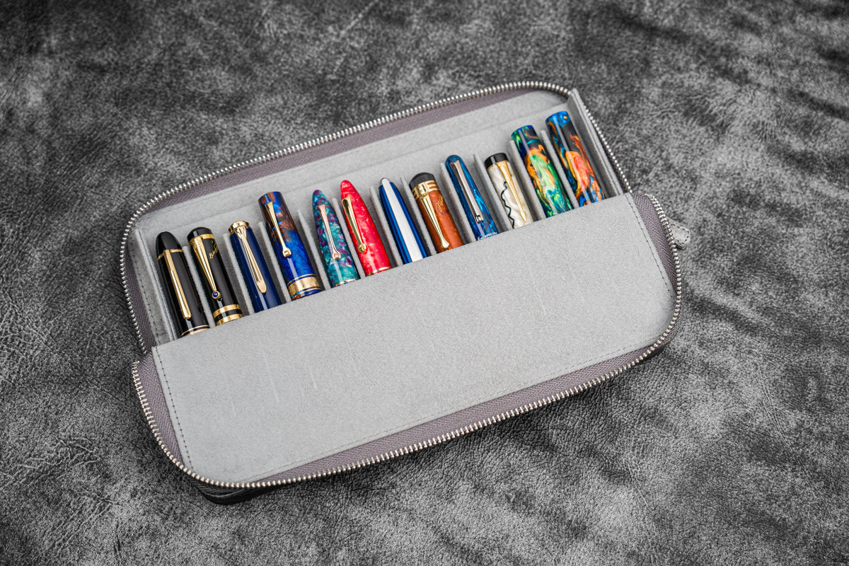 Galen Leather 12 Slot Zippered Magnum Opus Pen Case - Crazy Smoky (with Removable Pen Tray)