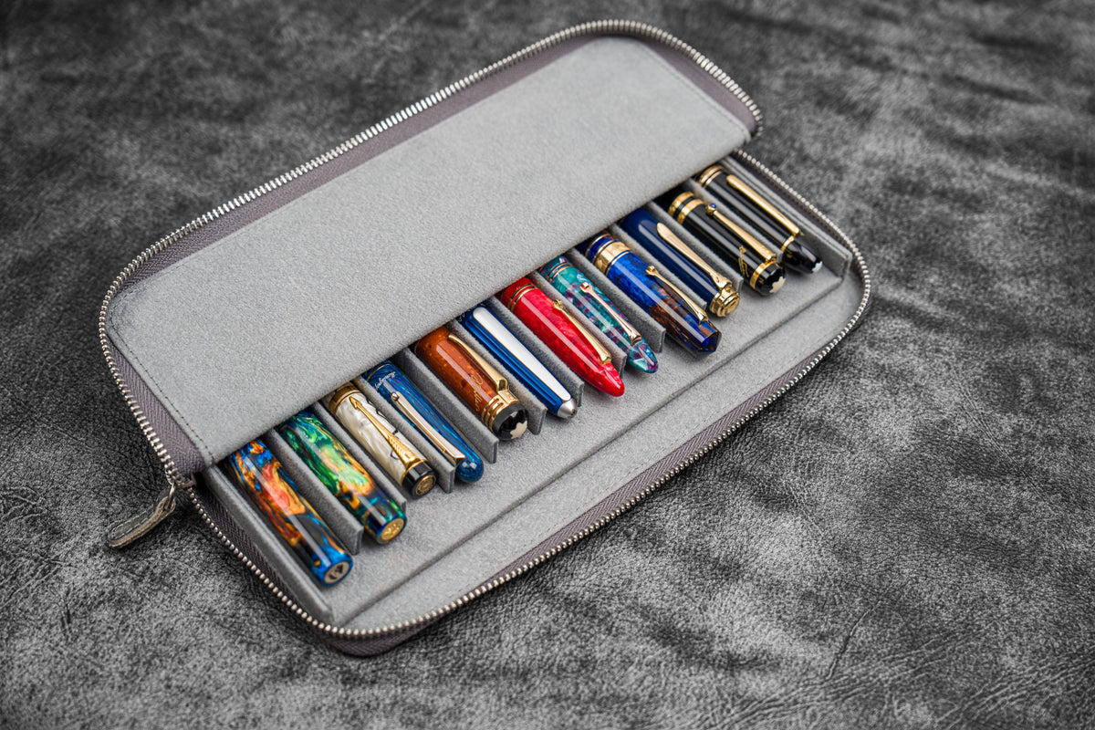 Galen Leather 12 Slot Zippered Magnum Opus Pen Case - Crazy Smoky (with Removable Pen Tray)