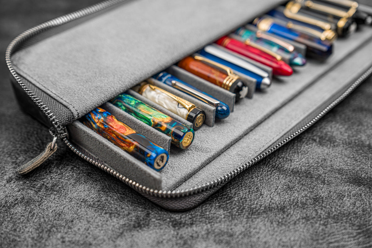 Galen Leather 12 Slot Zippered Magnum Opus Pen Case - Crazy Smoky (with Removable Pen Tray)