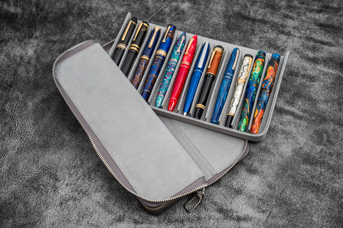 Galen Leather 12 Slot Zippered Magnum Opus Pen Case - Crazy Smoky (with Removable Pen Tray)