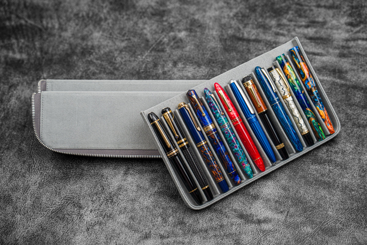 Galen Leather 12 Slot Zippered Magnum Opus Pen Case - Crazy Smoky (with Removable Pen Tray)
