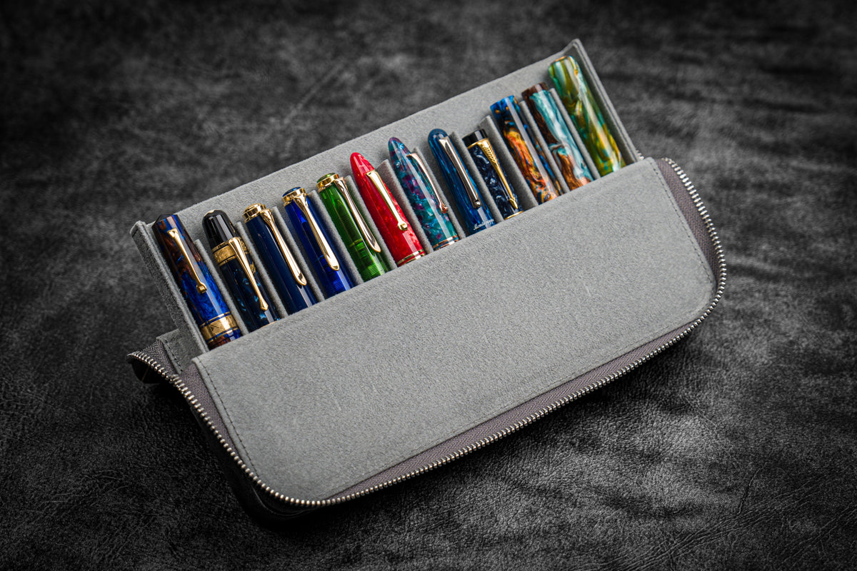 Galen Leather 12 Slot Zippered Magnum Opus Pen Case - Crazy Smoky (with Removable Pen Tray)