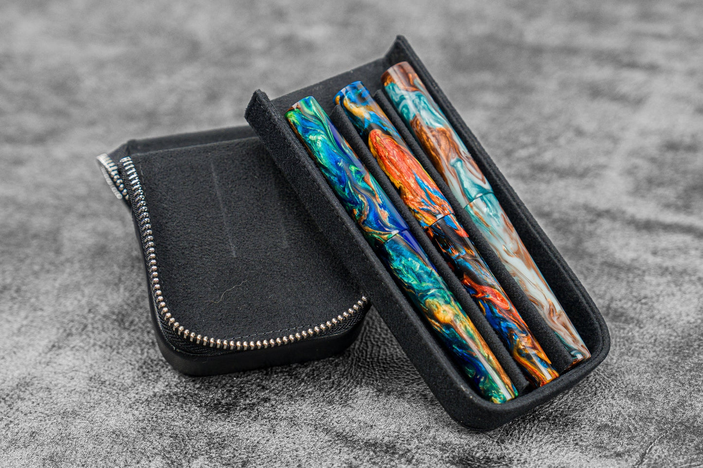 Galen Leather 3 Slot Zippered Magnum Opus Pen Case - Black (with Removable Pen Tray)