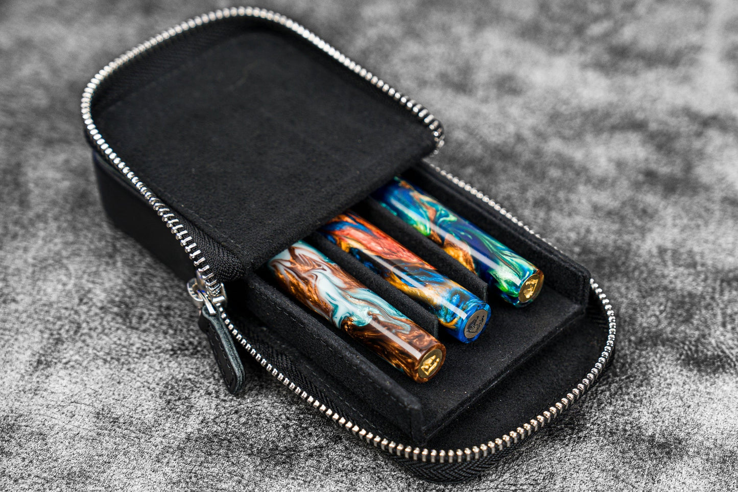 Galen Leather 3 Slot Zippered Magnum Opus Pen Case - Black (with Removable Pen Tray)