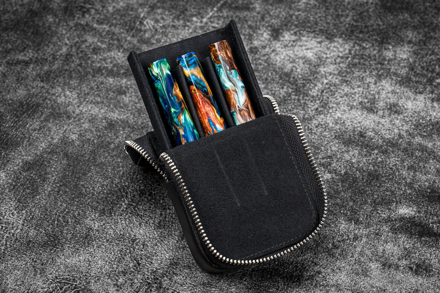 Galen Leather 3 Slot Zippered Magnum Opus Pen Case - Black (with Removable Pen Tray)