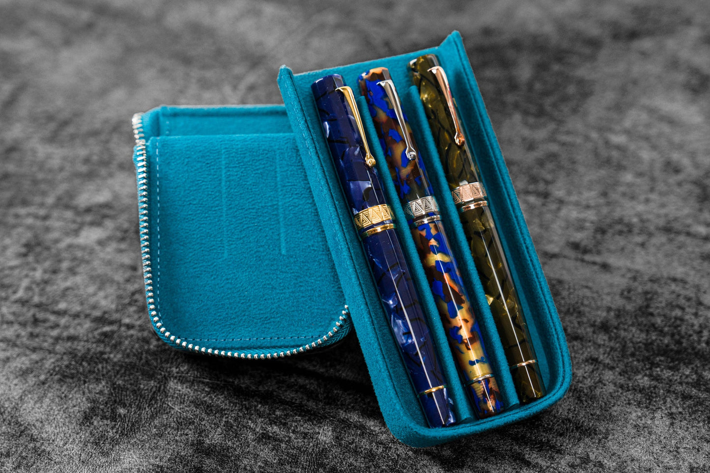 Galen Leather 3 Slot Zippered Magnum Opus Pen Case - Crazy Ocean Blue (with Removable Pen Tray)