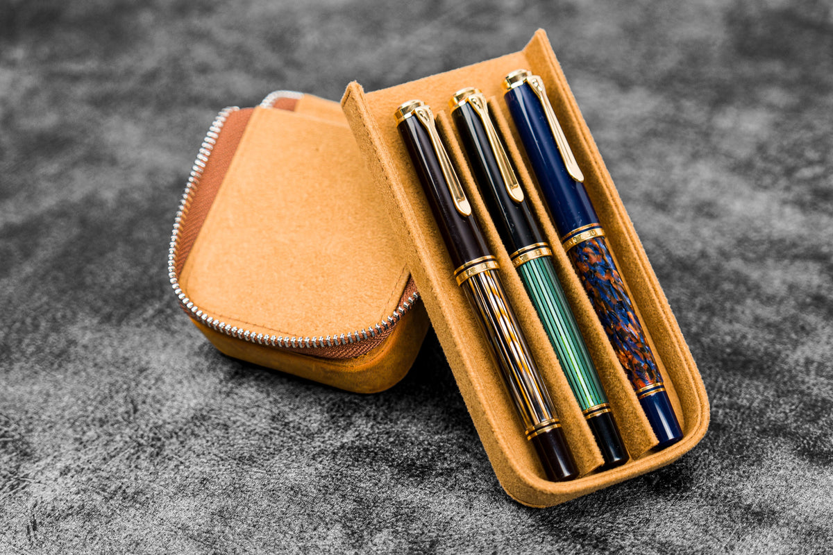Galen Leather 3 Slot Zippered Magnum Opus Pen Case - Crazy Horse Brown (with Removable Pen Tray)