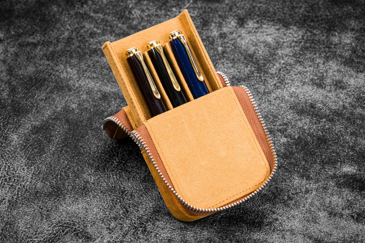 Galen Leather 3 Slot Zippered Magnum Opus Pen Case - Crazy Horse Brown (with Removable Pen Tray)