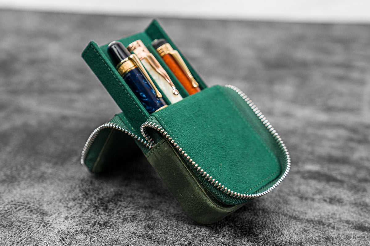 Galen Leather 3 Slot Zippered Magnum Opus Pen Case - Crazy Forest Green (with Removable Pen Tray)