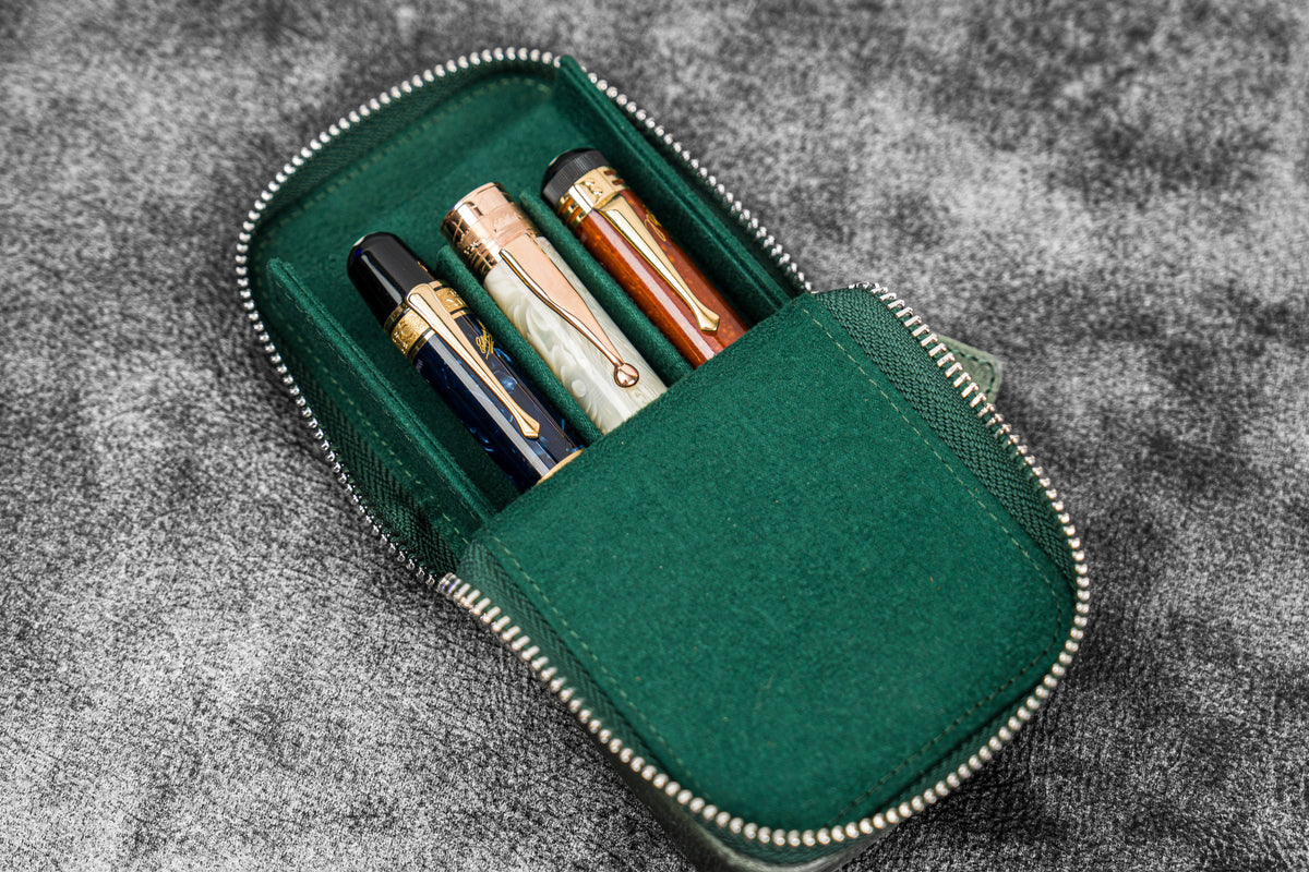 Galen Leather 3 Slot Zippered Magnum Opus Pen Case - Crazy Forest Green (with Removable Pen Tray)