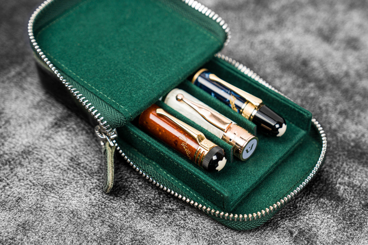 Galen Leather 3 Slot Zippered Magnum Opus Pen Case - Crazy Forest Green (with Removable Pen Tray)