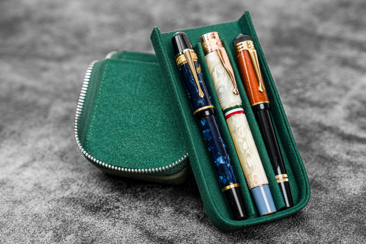 Galen Leather 3 Slot Zippered Magnum Opus Pen Case - Crazy Forest Green (with Removable Pen Tray)