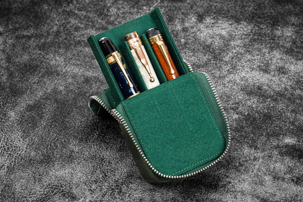 Galen Leather 3 Slot Zippered Magnum Opus Pen Case - Crazy Forest Green (with Removable Pen Tray)