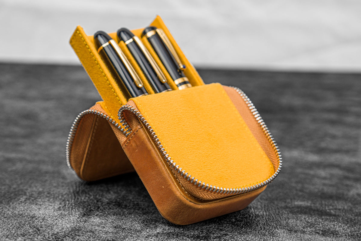 Galen Leather 3 Slot Zippered Magnum Opus Pen Case - Crazy Honey Ochre (with Removable Pen Tray)