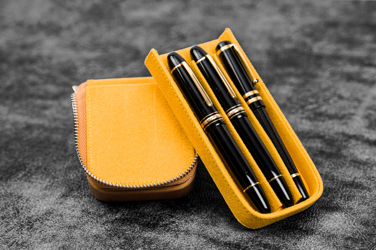 Galen Leather 3 Slot Zippered Magnum Opus Pen Case - Crazy Honey Ochre (with Removable Pen Tray)