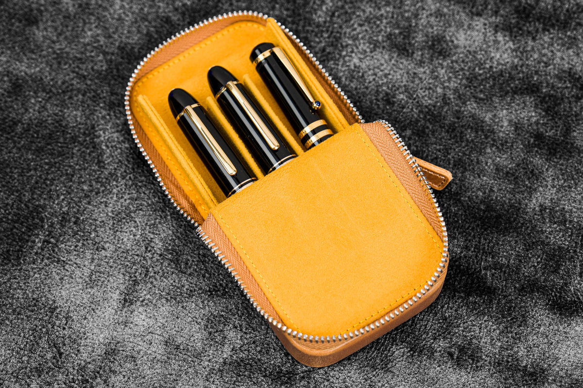 Galen Leather 3 Slot Zippered Magnum Opus Pen Case - Crazy Honey Ochre (with Removable Pen Tray)