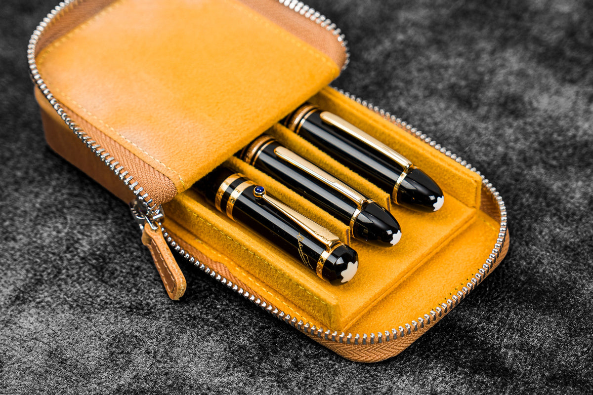 Galen Leather 3 Slot Zippered Magnum Opus Pen Case - Crazy Honey Ochre (with Removable Pen Tray)