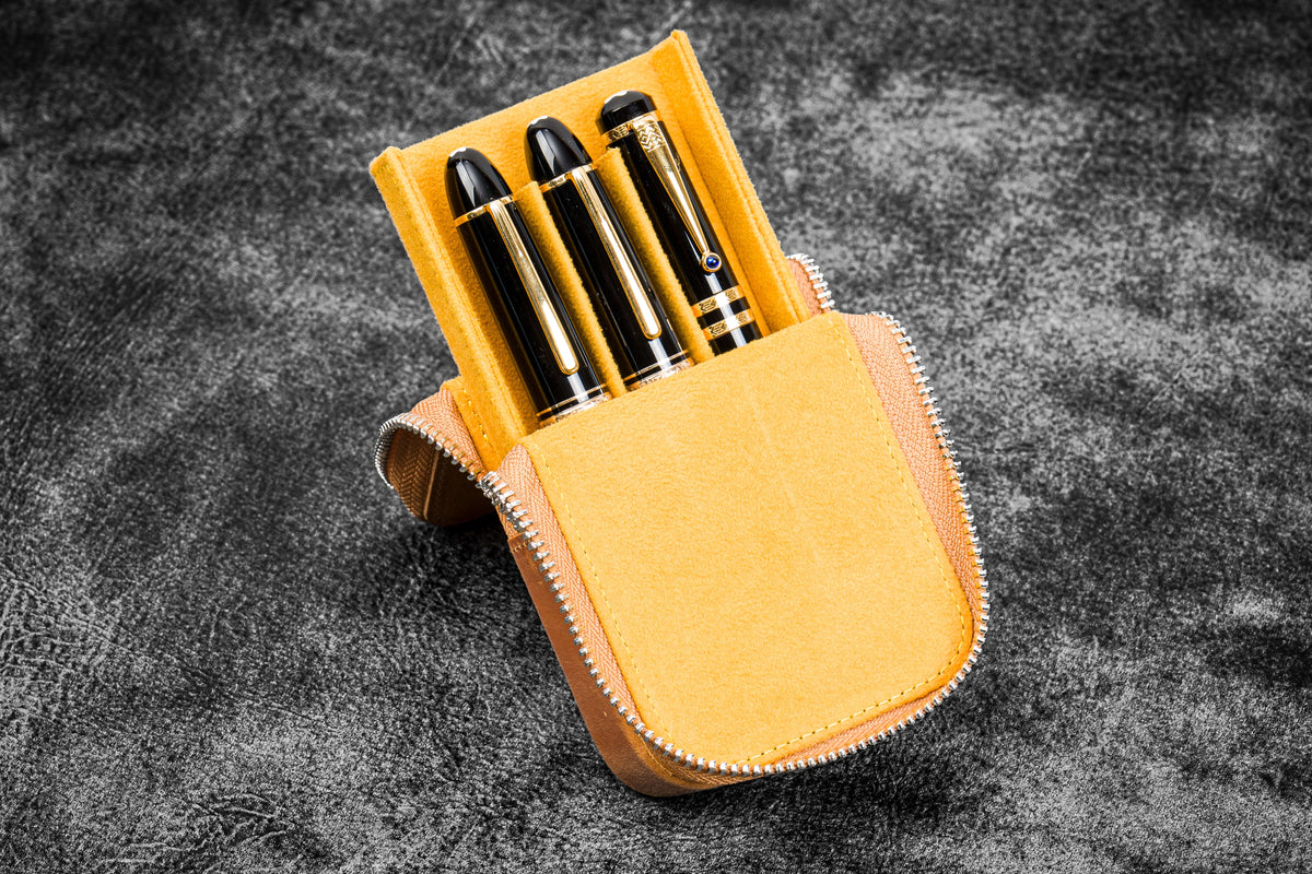 Galen Leather 3 Slot Zippered Magnum Opus Pen Case - Crazy Honey Ochre (with Removable Pen Tray)