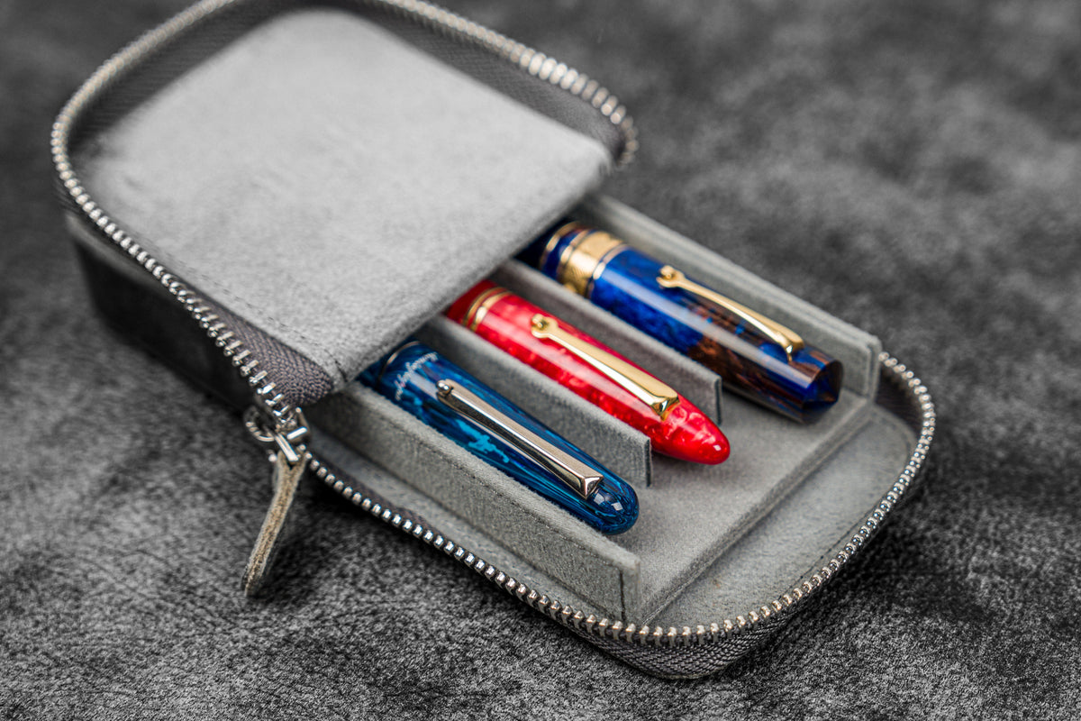 Galen Leather 3 Slot Zippered Magnum Opus Pen Case - Crazy Horse Smoky (with Removable Pen Tray)