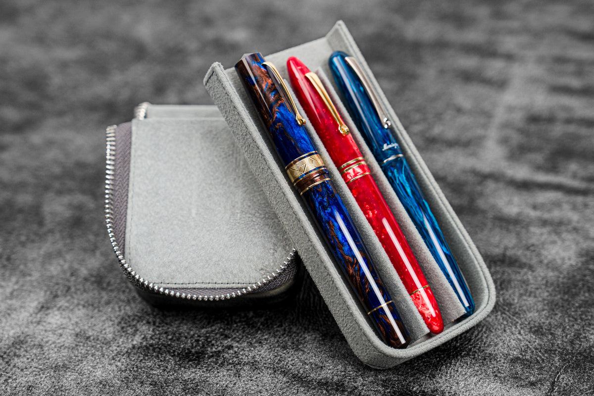 Galen Leather 3 Slot Zippered Magnum Opus Pen Case - Crazy Horse Smoky (with Removable Pen Tray)