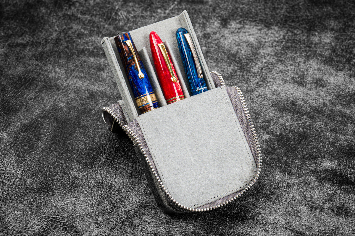 Galen Leather 3 Slot Zippered Magnum Opus Pen Case - Crazy Horse Smoky (with Removable Pen Tray)