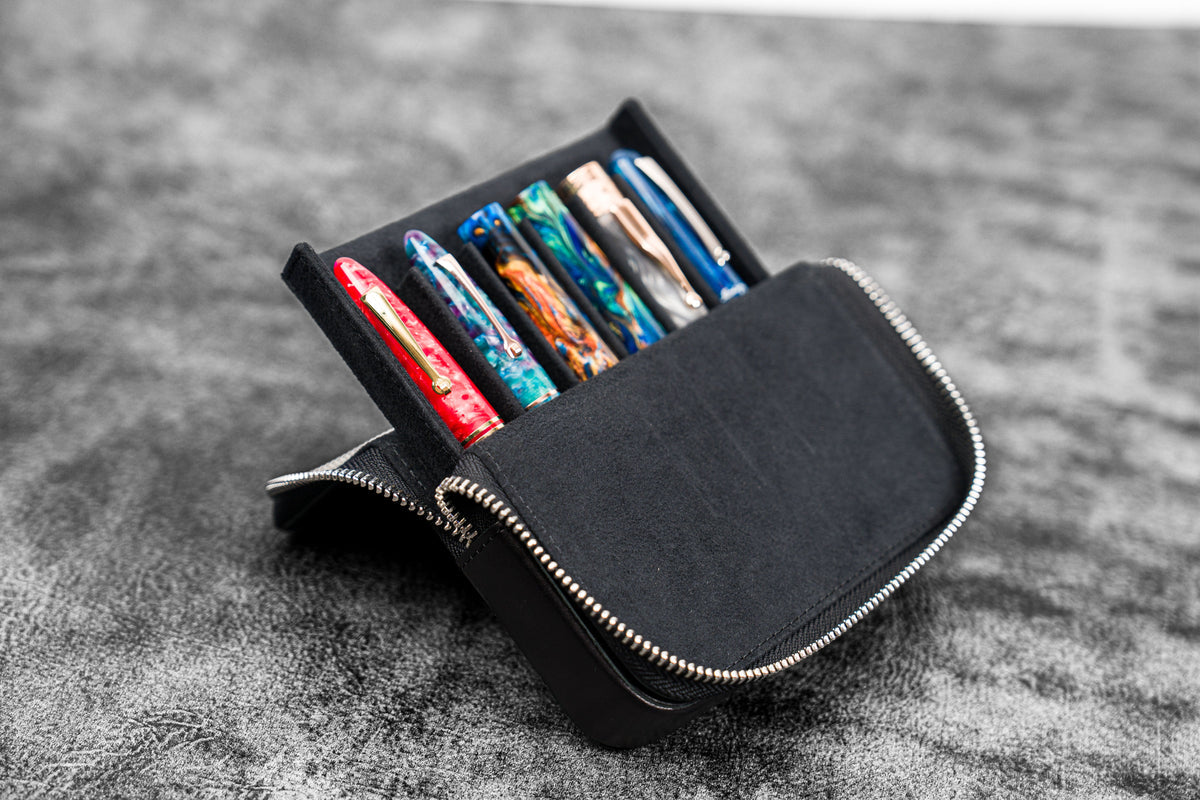 Galen Leather 6 Slot Zippered Magnum Opus Pen Case - Black