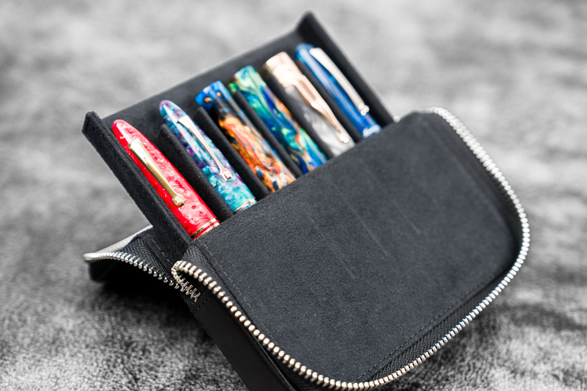 Galen Leather 6 Slot Zippered Magnum Opus Pen Case - Black