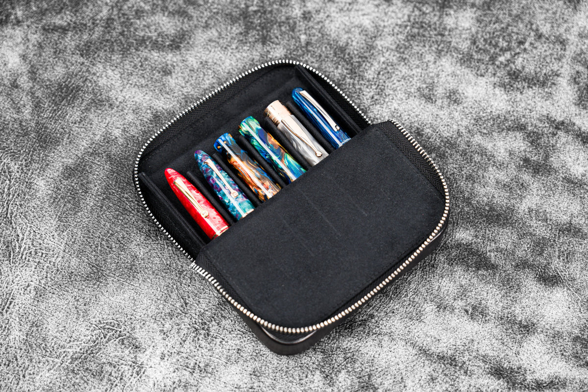 Galen Leather 6 Slot Zippered Magnum Opus Pen Case - Black