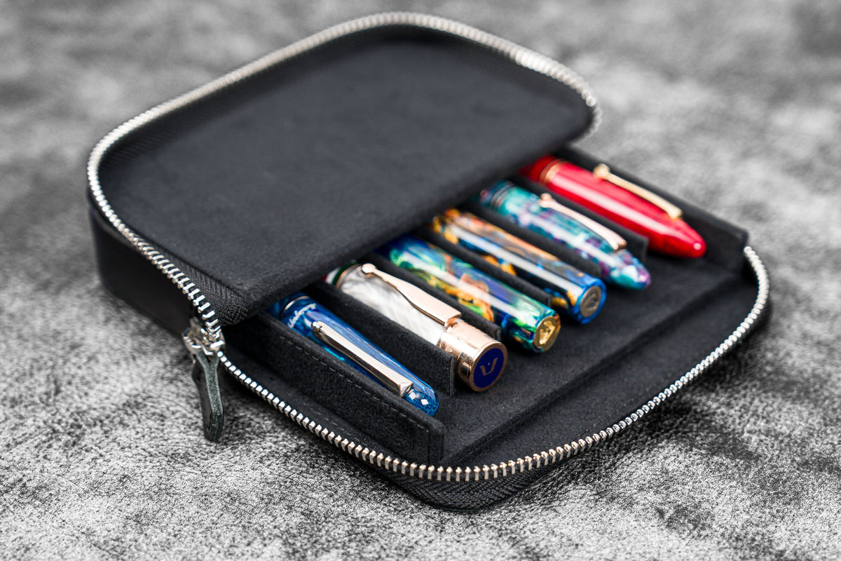 Galen Leather 6 Slot Zippered Magnum Opus Pen Case - Black
