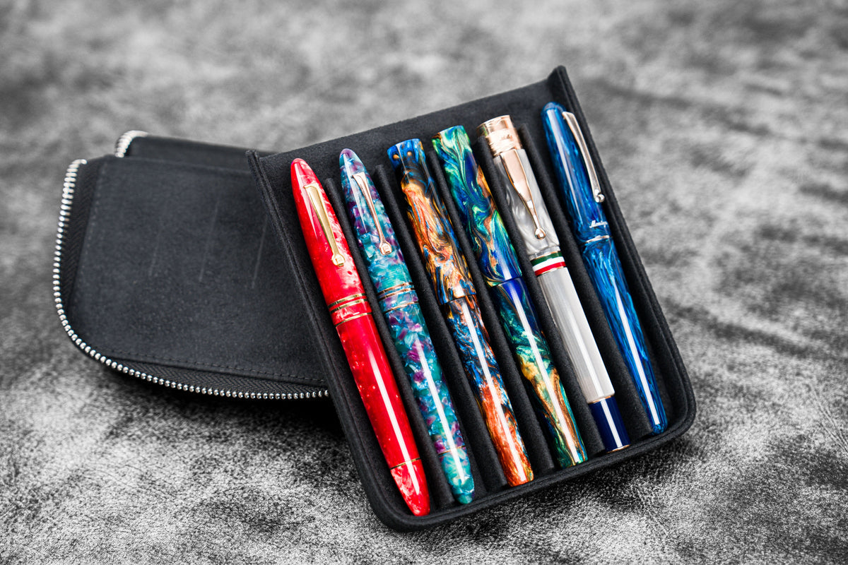 Galen Leather 6 Slot Zippered Magnum Opus Pen Case - Black